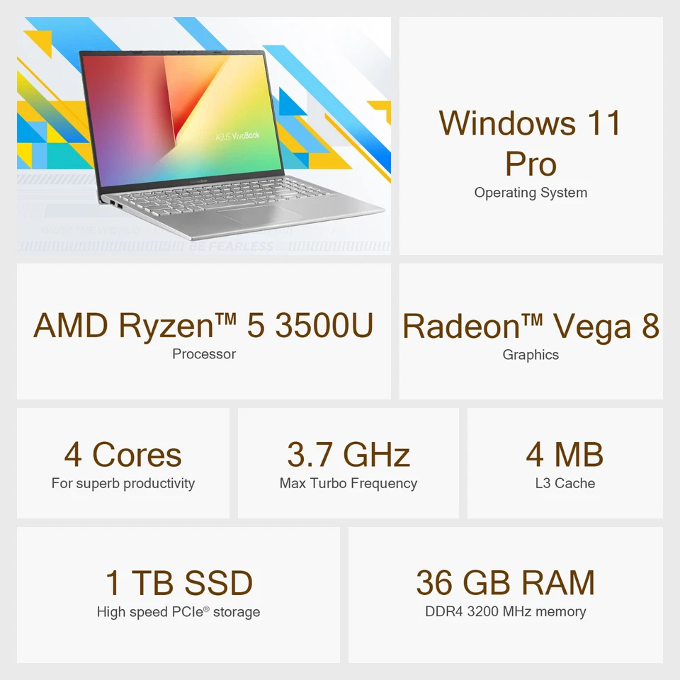 ASUS Vivobook Laptop 15.6" FHD AMD Ryzen 5 36GB RAM 1TB SSD Win Pro Office 2024 - Image 3 of 4