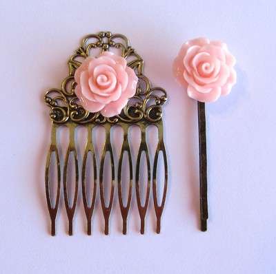 Pink Rose Hair Comb Or Pins Shabby Chic Formal Vintage Wedding