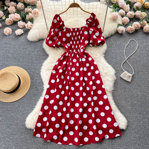 Vestido Francés Retro Grande Lunares Largo Mujer Elegante Manga Abullonada Dividido Dobladillo Grande - Imagen 10 de 28