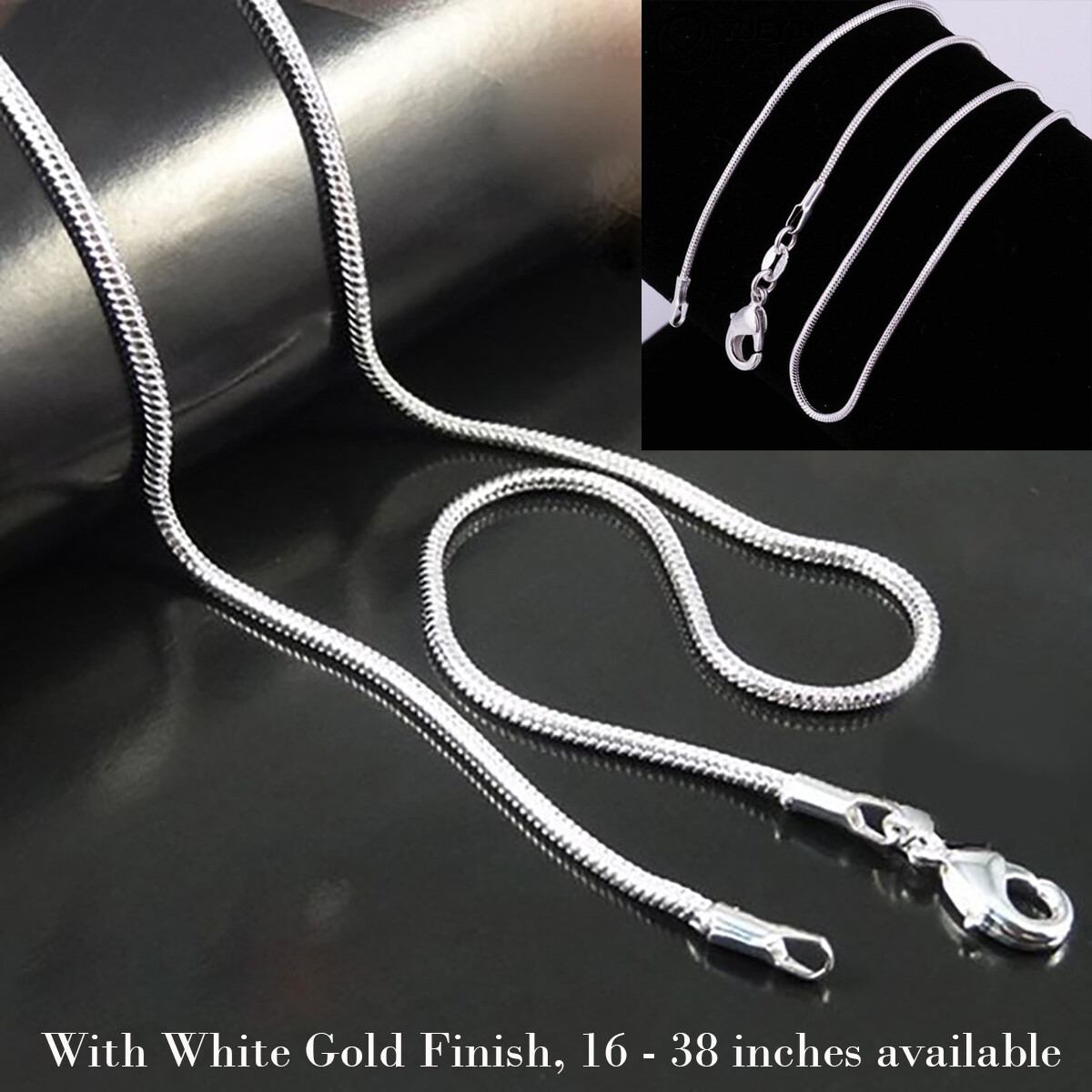 925 Sterling Silver Snake Chain Necklace w/ White Gold Finish