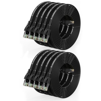 10 Pack 7ft Black Cat 6 Ethernet Cable, Flat, Snagless RJ45, LAN, Patch, Cord