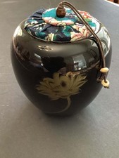 LUNA Japanese Style Traditional Ceramic Tea Caddy w/Lotus Flower & Beaded Lid