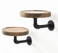 Round Acacia Wood Floating Shelves (Set of 2). Circular Wall Mounted Shelves ...