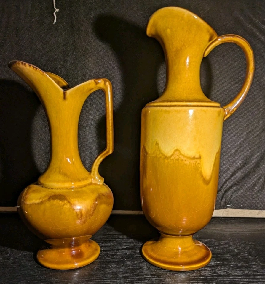 Lot Of 2 Vintage Mid Century Royal Haeger Vase Pitchers Orange Brown Drip Glaze - Image 2 of 4
