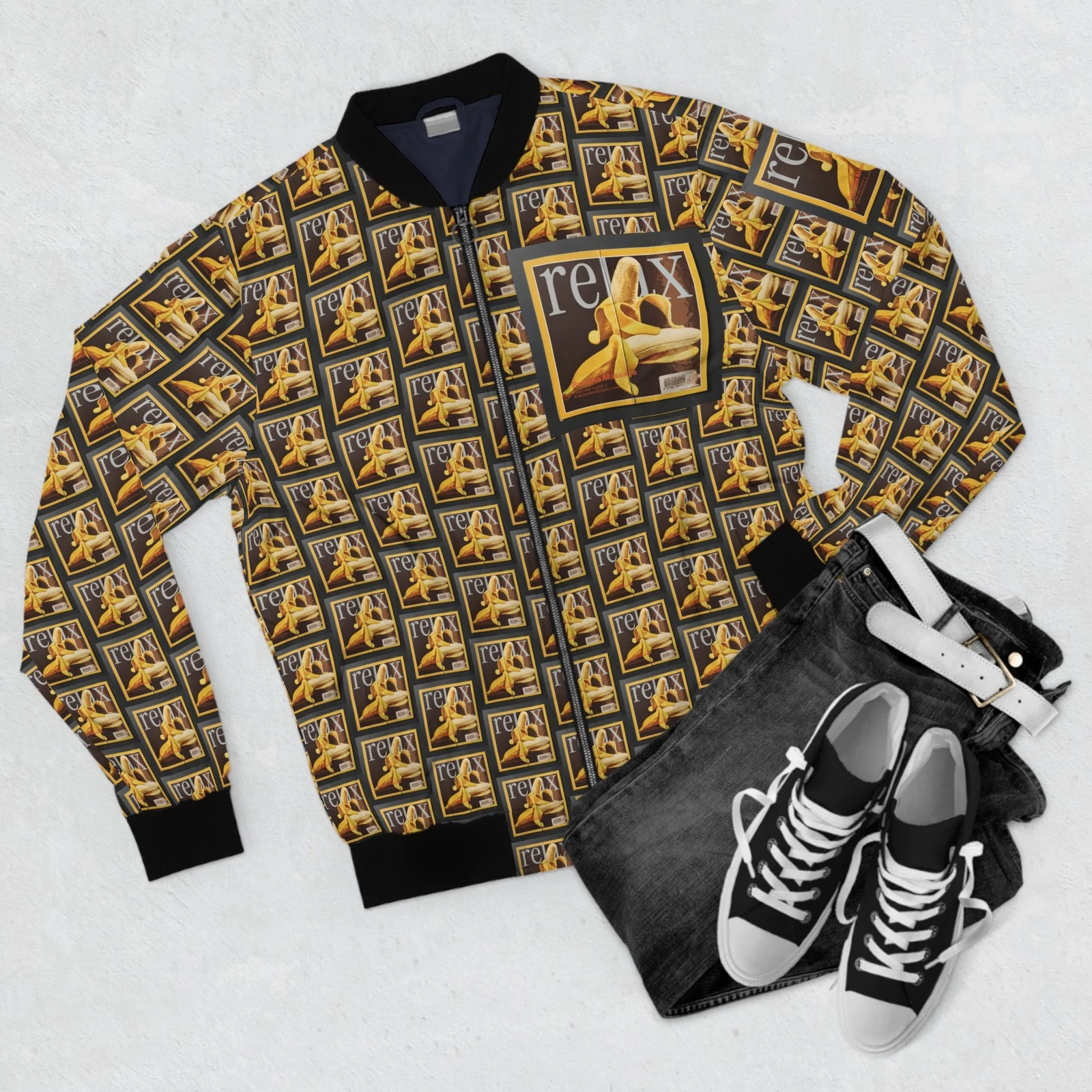 Relax: Banana Massage Men's Bomber - Weird Banana Art Flight Jacket - product detail image 4