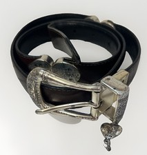 BRIGHTON Black Brown Reversible Leather Belt Silver Heart Charm 34L B40259 VTG