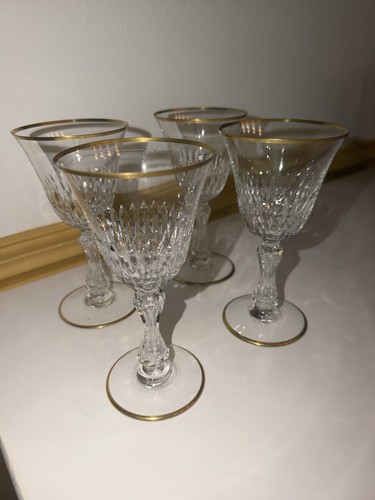 Set of 4 Saint-Louis Lozère Cut Crystal Wine Glasses Gold Trim Goblets France