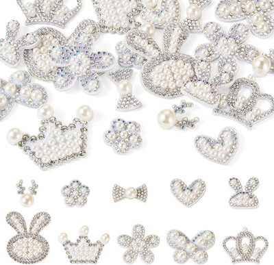 20Pcs Rhinestone Imitation Pearl Beads Embroidery Iron on Patches Heart Bowknot