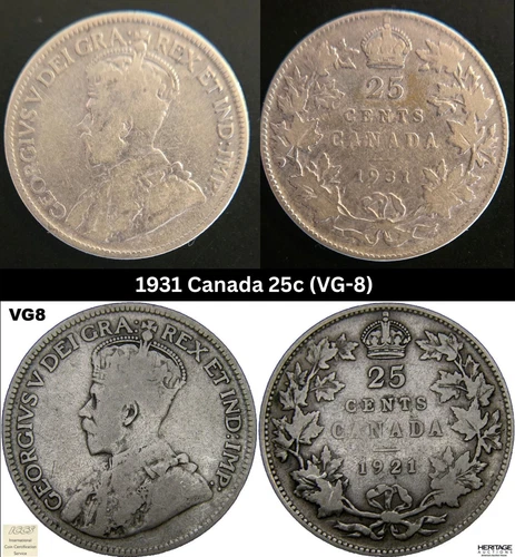 1931 Canada 25 Cents • Silver  • VG-8 • George V • Circulated Vintage Coins