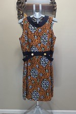 Tory Burch Melanie Floral Linen Shift Dress Womens 14 Navy Orange Retro Print