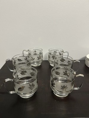 Set Of 6 Vintage 1978 Libby Silver Leaf Coffee Mugs With Metal Handles