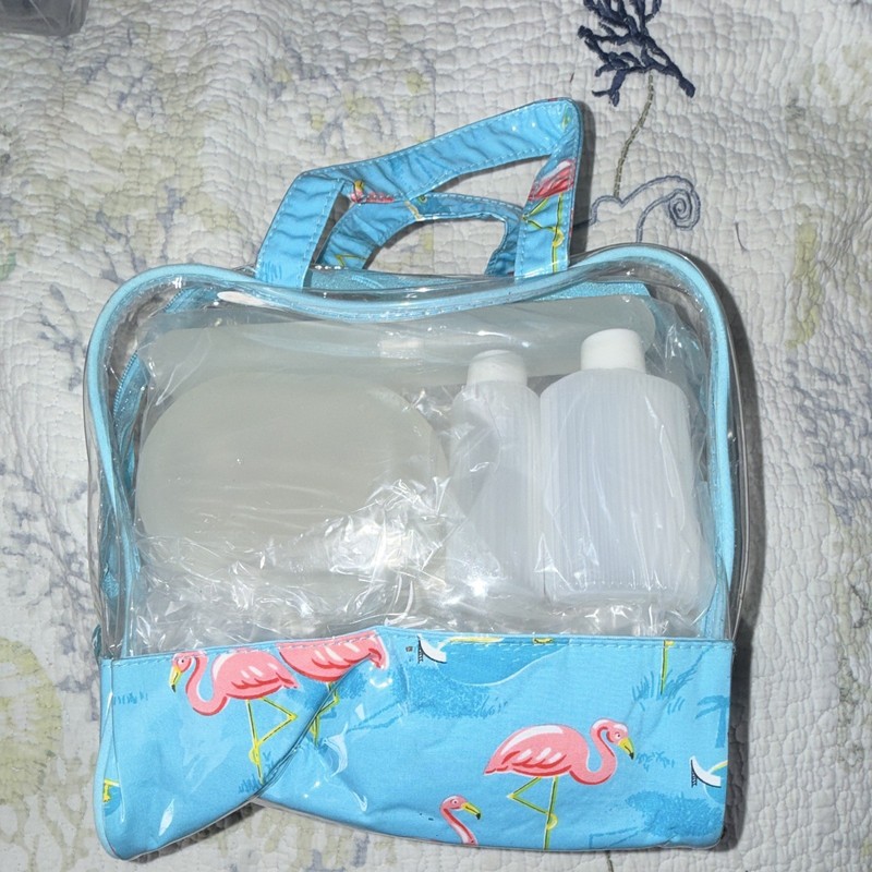 Flamingo Travel Bottle Set 3 fl oz Reusable Plastic Screw-On Lid, Zip Bag