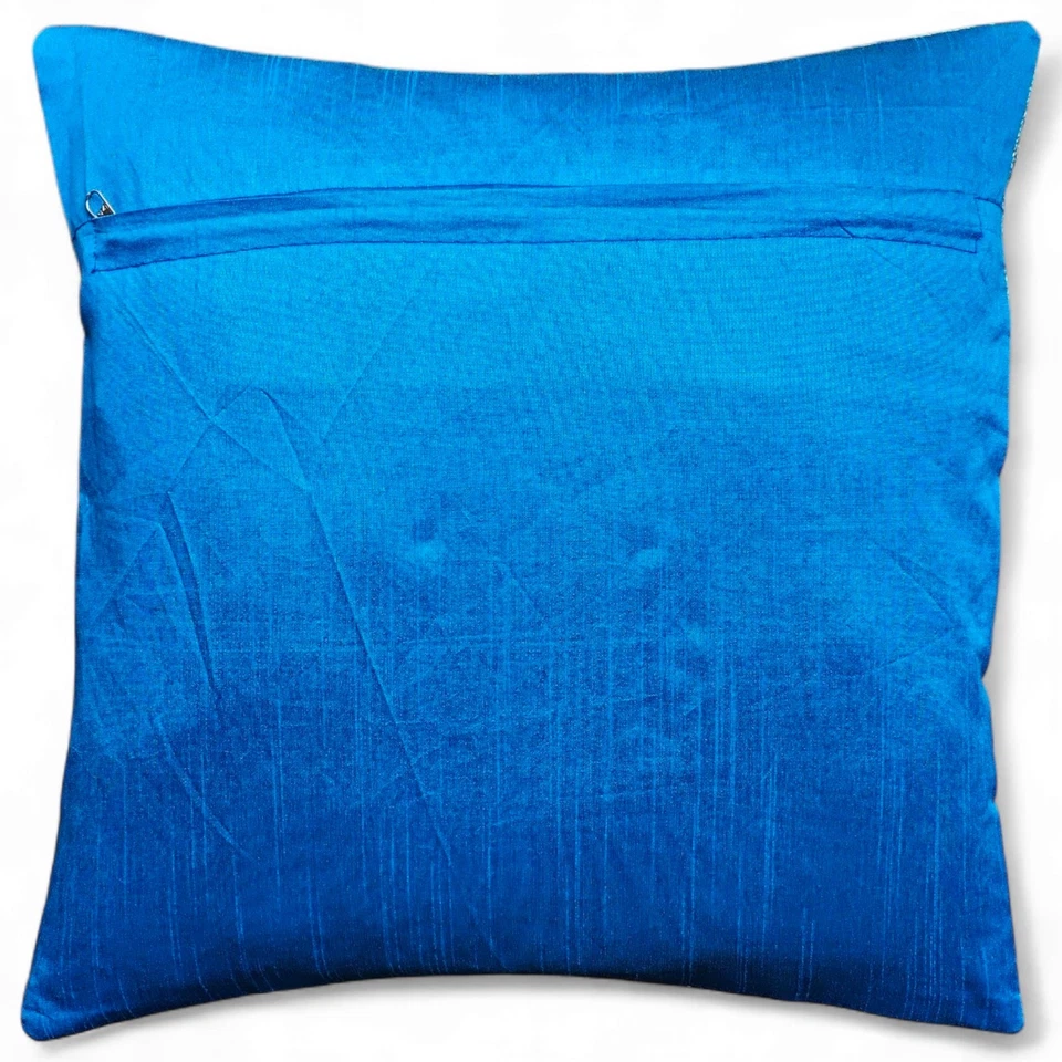 Funda Cojín Seda Brocado Artesanal Diseño Elefante Azul 16*16" Foto 3 de 4