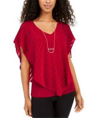 トップス S NWOT BCX Juniors Red Sating Striped Sleeve Blouse W/ Necklace Sz