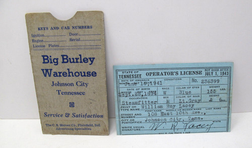 1943 Tennessee Operator's Driver License WILLIAM LACEY Johnson City Steamfitter