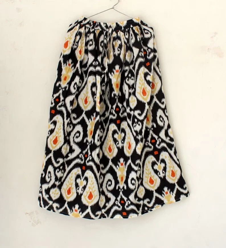 Indian Black Handmade Cotton Ikat Long Skirt Women's Clothing Partywear Skirt US