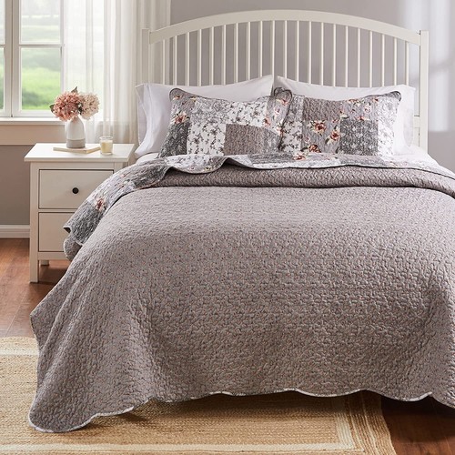 GRAY FLORAL 3pc King Cal QUILT SET : FARMHOUSE GREY GIULIA COTTAGE WHITE PATCH - Picture 5 of 7
