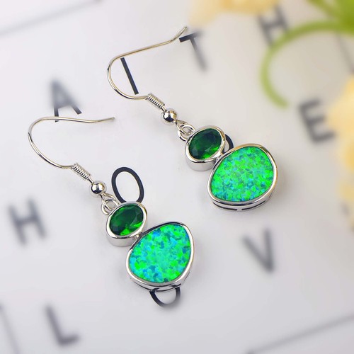 Hawaiian Green Fire Opal Irregular Retro Earrings Silver Filled For Women Girls - Picture 5 of 7