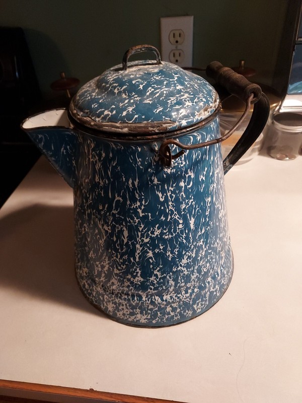 12" Vintage Antique LARGE Blue Swirl Coffee Pot Granite Enamel Ware 9.5" Base