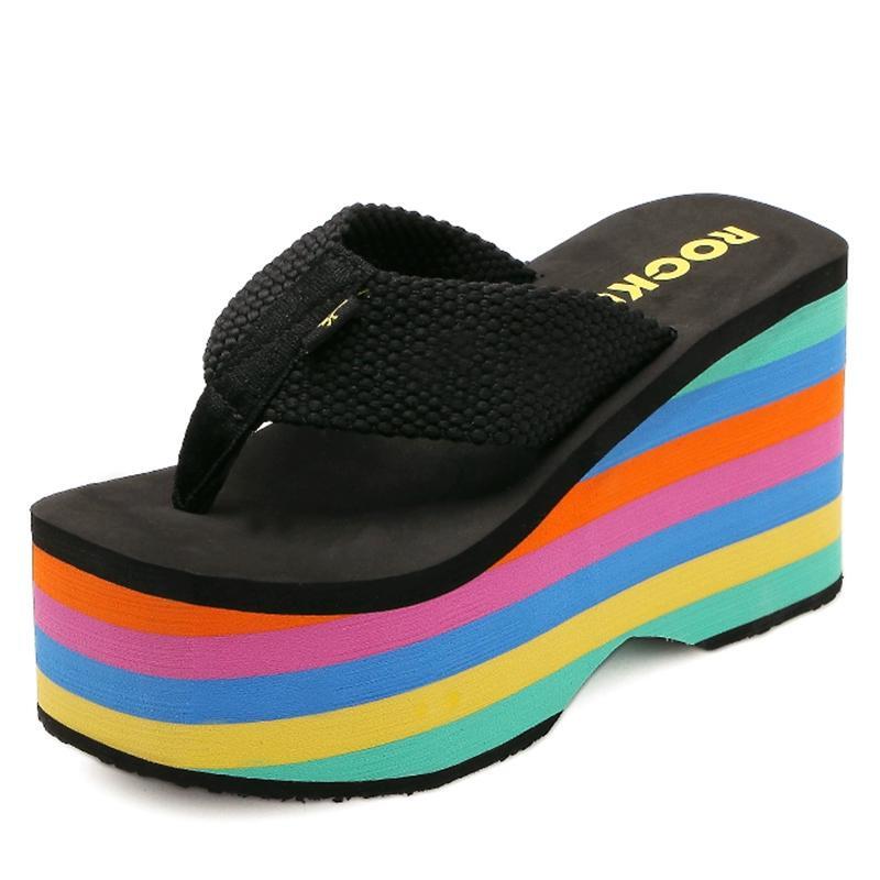 Womens Flat Platform Sandals Flip-flops Shoes Rainbow Color