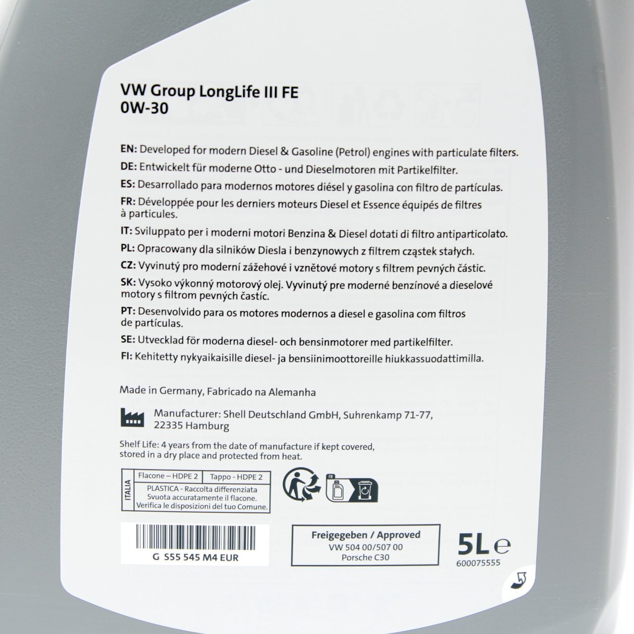 Original VW Skoda Motoröl 0W30 50400 50700 LongLife III FE GS55545M4EUR ...