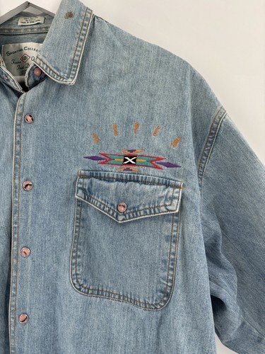 Vintage Denim Button Down Shirt Mens Medium Blue Aspen Embroidered Long Sleeve - Picture 7 of 19