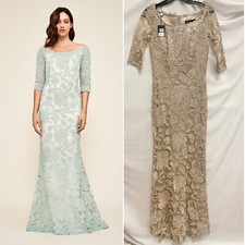 TADASHI SHOJI Latte Gold Metallic Corded Lace Off the Shoulder 3/4 Sleeve Gown 4