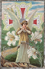 Easter Greetings Angel In Front of Cross & White Lillies 1912 DB Postcard B766