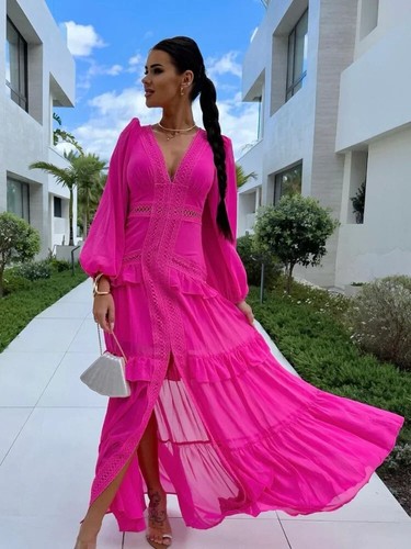 HOT V-neck Long Sleeves Maxi Dress Elegant Ruffles Lace Slim Dresses Party Robes - Picture 28 of 29