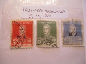 Three 1921-1930 Argentina Postage Stamps - 5, 10, 20 Denomination