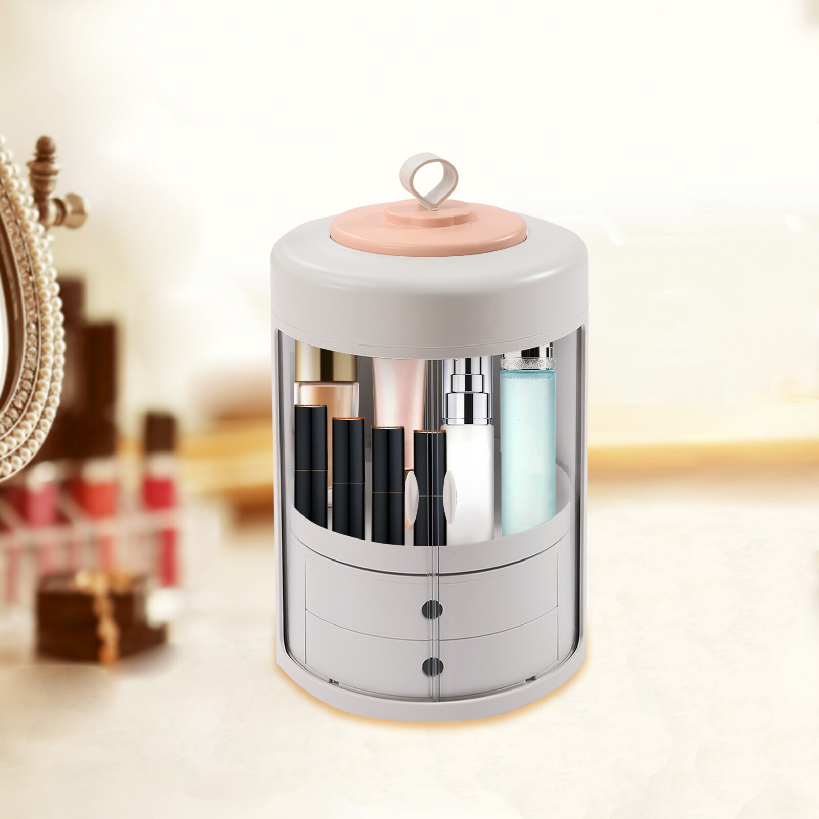 Dust-Proof Makeup Organiser 360° Rotating Cosmetic Storage Box with 2 Drawers