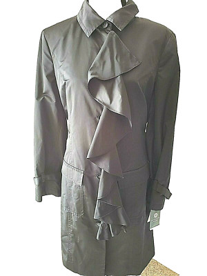 Doncaster Collection Womens Black Ruffle Front Tie Waist Trench Coat Jacket 16