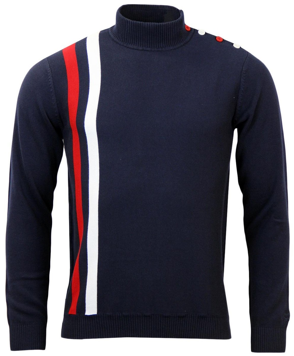 Produktbild von MADCAP Herren 60er Mod Retro Pullover – Rennstreifen, Drehkragen, Feine Strickung