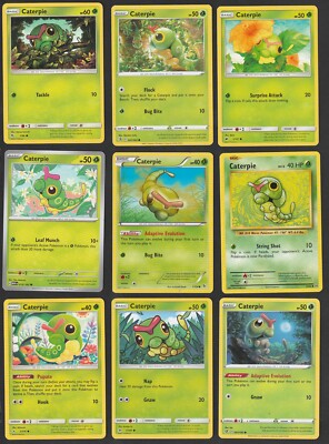 Caterpie Pokemon Card Collection Set of 9 English Cards Cute Grass Type Vintage
