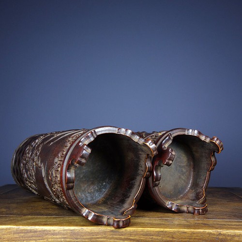 Chinese Antique Bamboo Carved Flower Bird Brush Nice Pot Office Supplies A Pair - Picture 9 of 17