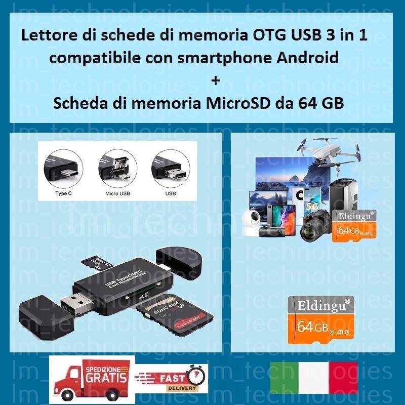 SMARTPHONE ANDROID LETTORE DI SCHEDE DI MEMORIA USB OTG + SCHEDA DI...