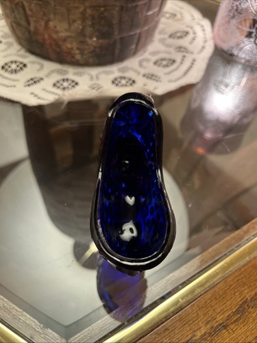 Vintage Fenton Hobnail Dark Blue Glass Shoe with Cat - Picture 8 of 12