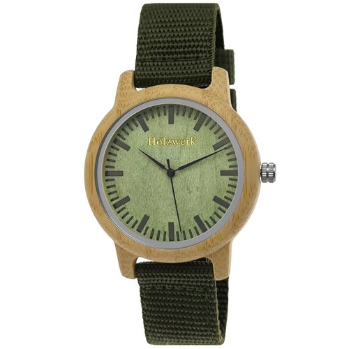Holzwerk HERFORD Damen und Herren Textil & Holz Uhr, oliv grün, beige - Bild 1 von 7
