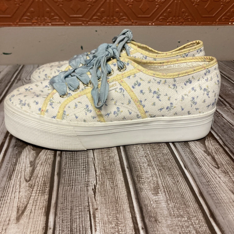 Tênis LoveShackFancy Superga plataforma UE 41 EUA 9.5 cano baixo amarelo azul - Imagem 2 de 4