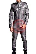 MENS GRAY GENUINE SOFT LEATHER CATSUIT FRONT ZIPPER OVERALL BODYSUIT JUMPSUIT