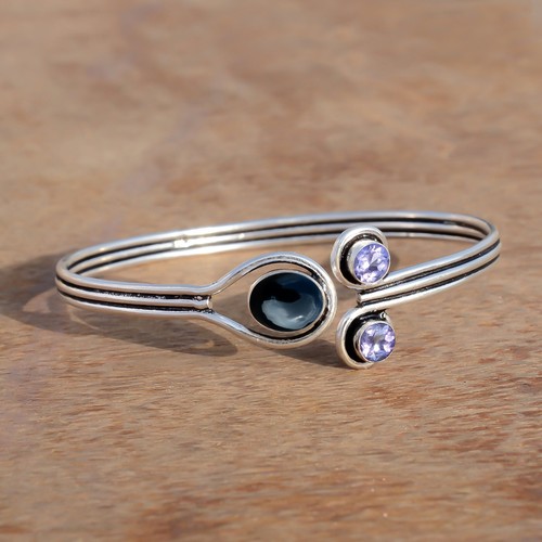 Oval Black Onyx & Amethyst Cut Gemstone 925 Sterling Silver New Look Bangle Cuff - Picture 3 of 7