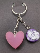 HANDMADE RESIN KEYCHAIN  RED HEART W/ PURPLE FLOWER   STOCKING STUFFER  K54