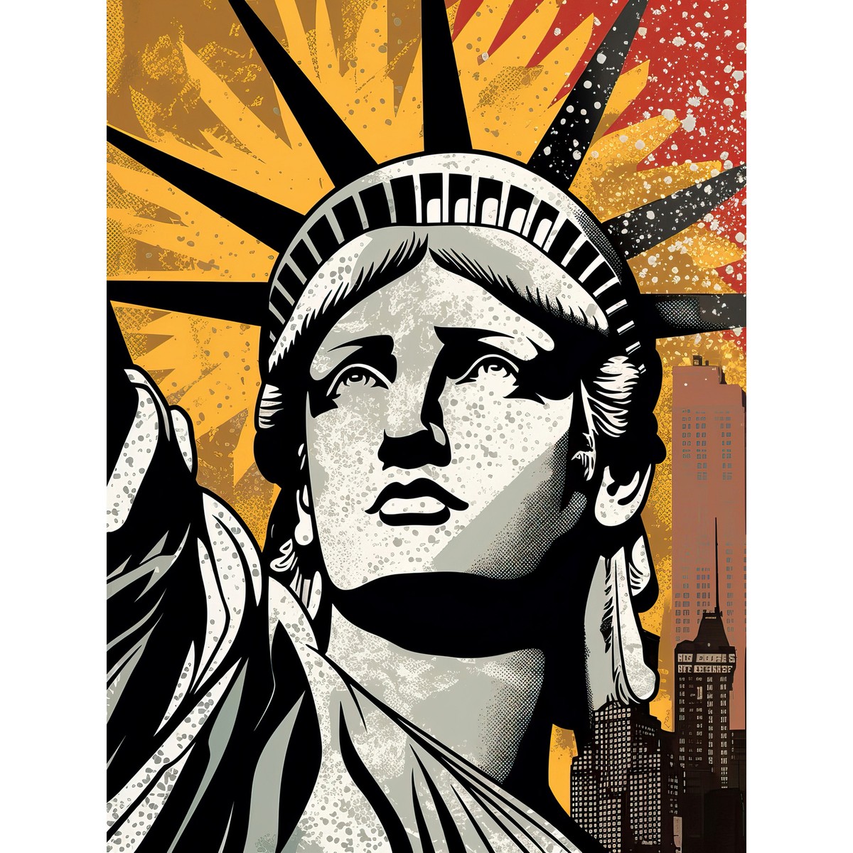 Statue of Liberty Comic Style Black Red Yellow New York City Art 