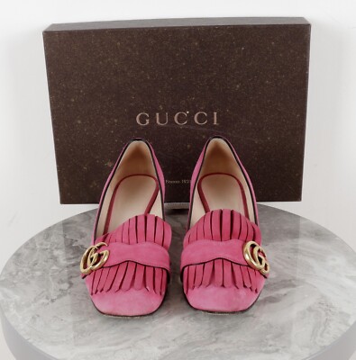 Gucci GG Marmont Fringe Pink Suede Block Heel Pumps Size