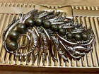 Vintage Silver Feather Coventry brooch w green pearls costume jewelry