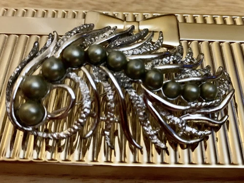 Vintage Silver Feather Coventry brooch w green pearls costume jewelry