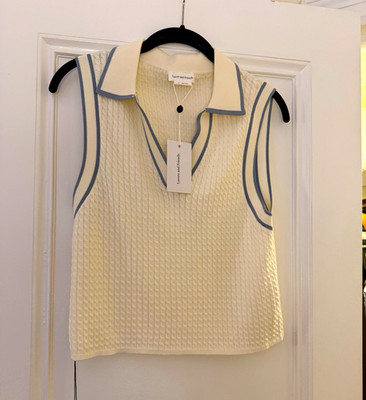 Lovers and Friends Sleeveless Knit Polo Sweater, Collared, M Ivory/Blue