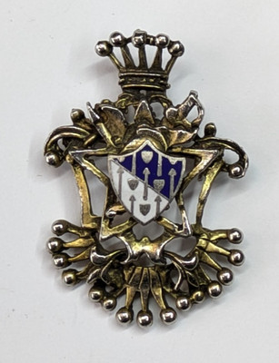 VTG Openwork Silver Tone Gold Wash Enamel Heraldic Shield 1.75'' Brooch Pin