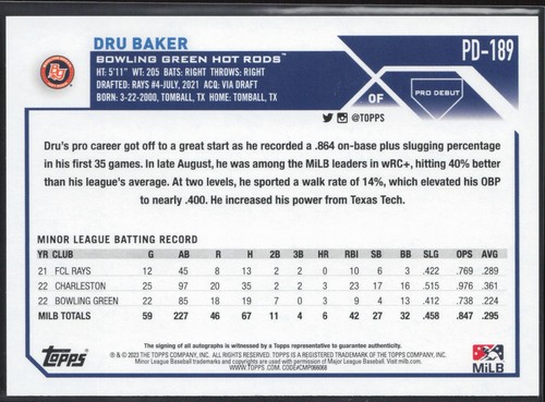 Dru Baker 2023 Topps Pro Debut Autograph PD-189 Auto Bowling Green Hot Rods - Picture 2 of 2