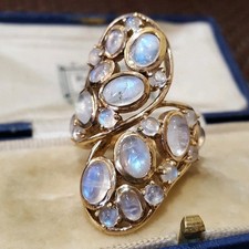 Gold Plated Statement Sterling Silver Ring Natural Moonstones UK Size O /EU 55